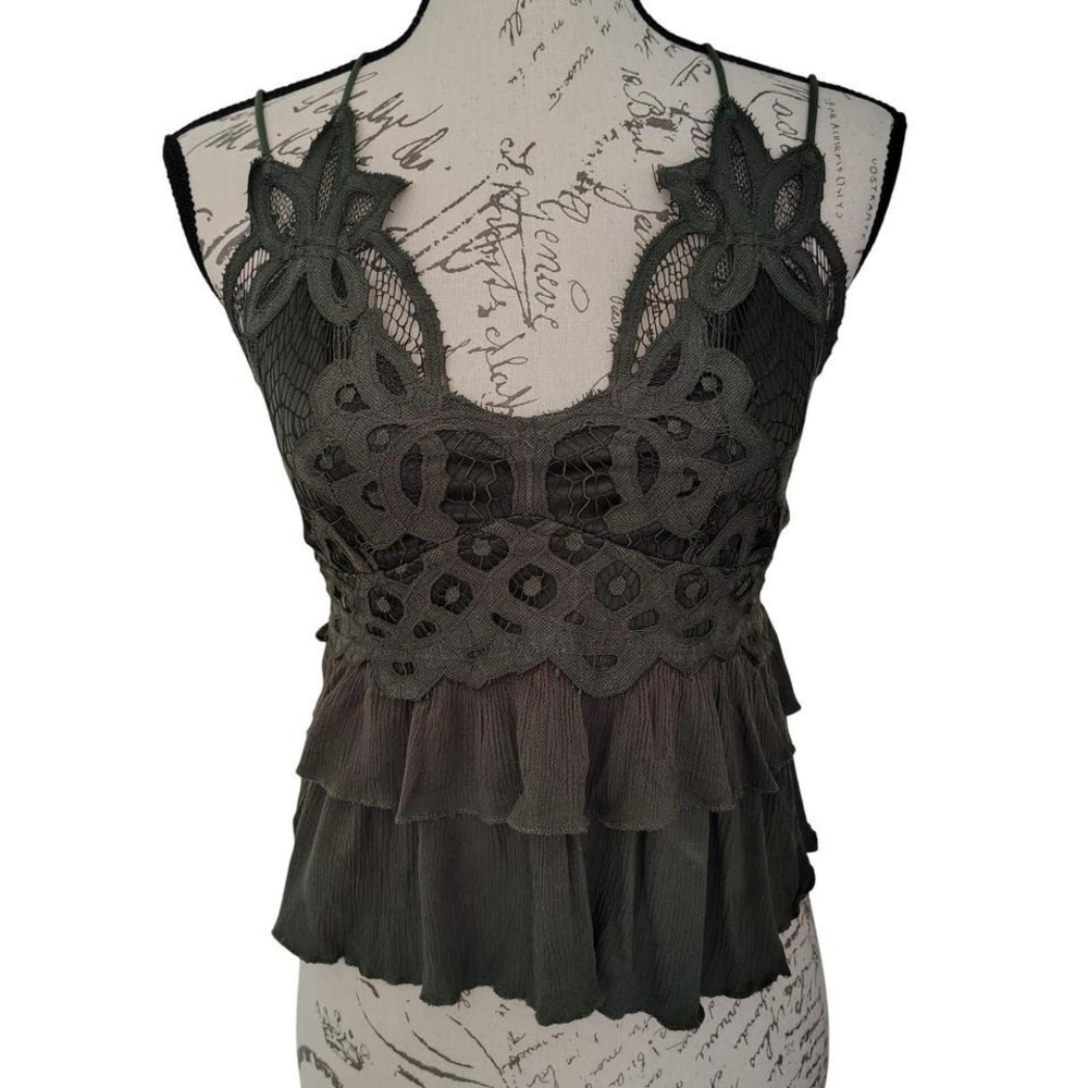 Mi Ami Olive Green‎ Crochet Lace Top Small Whimsygoth Forest Fairy Ruffle Cami
